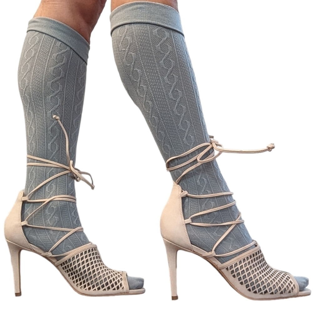 Vince Camuto Vasha Lace Tie Up High Heel Strappy Cutout Nude Beige Sandals 9.5 - Picture 4 of 14